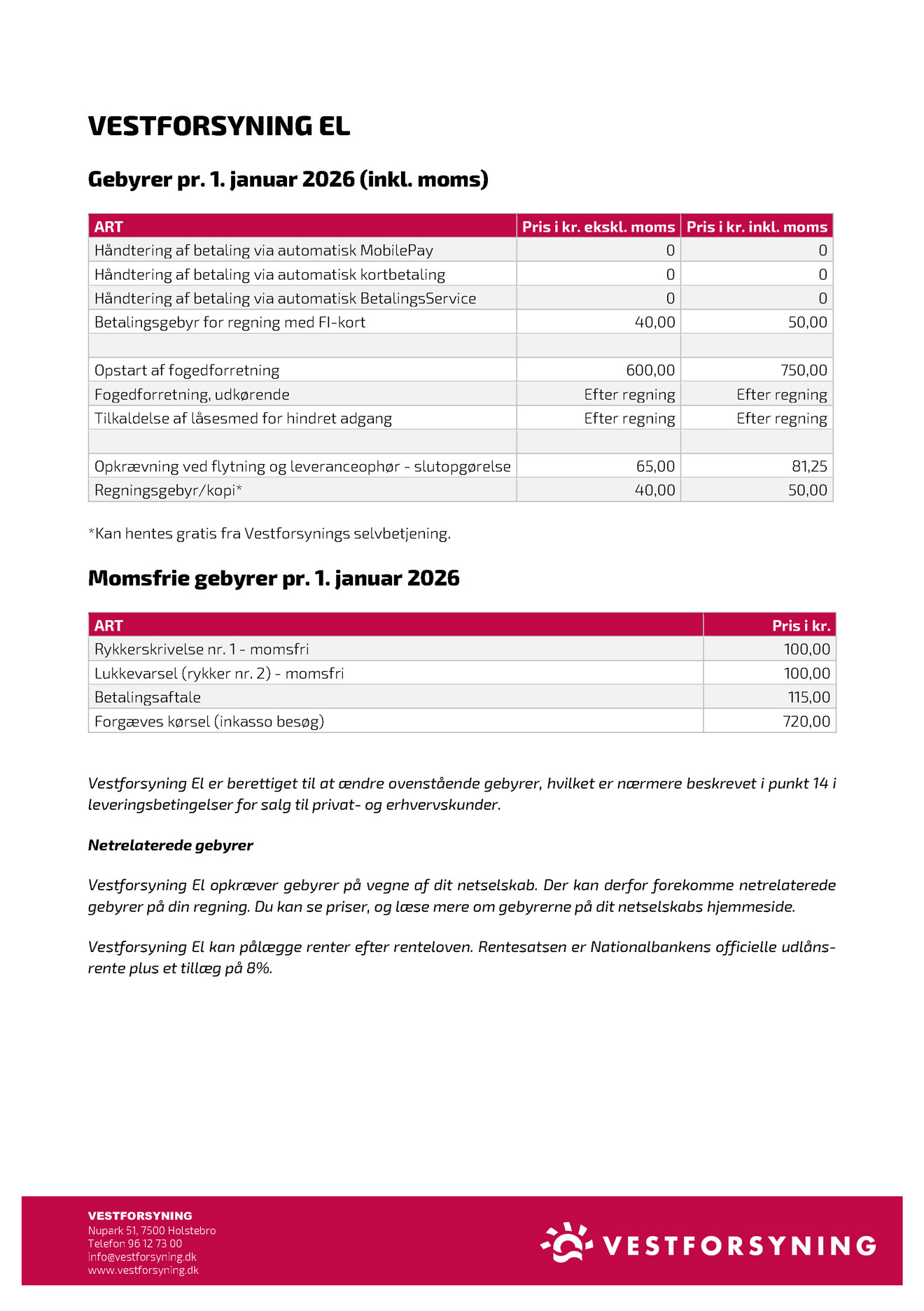 Gebyrtakstblad for el - 2026