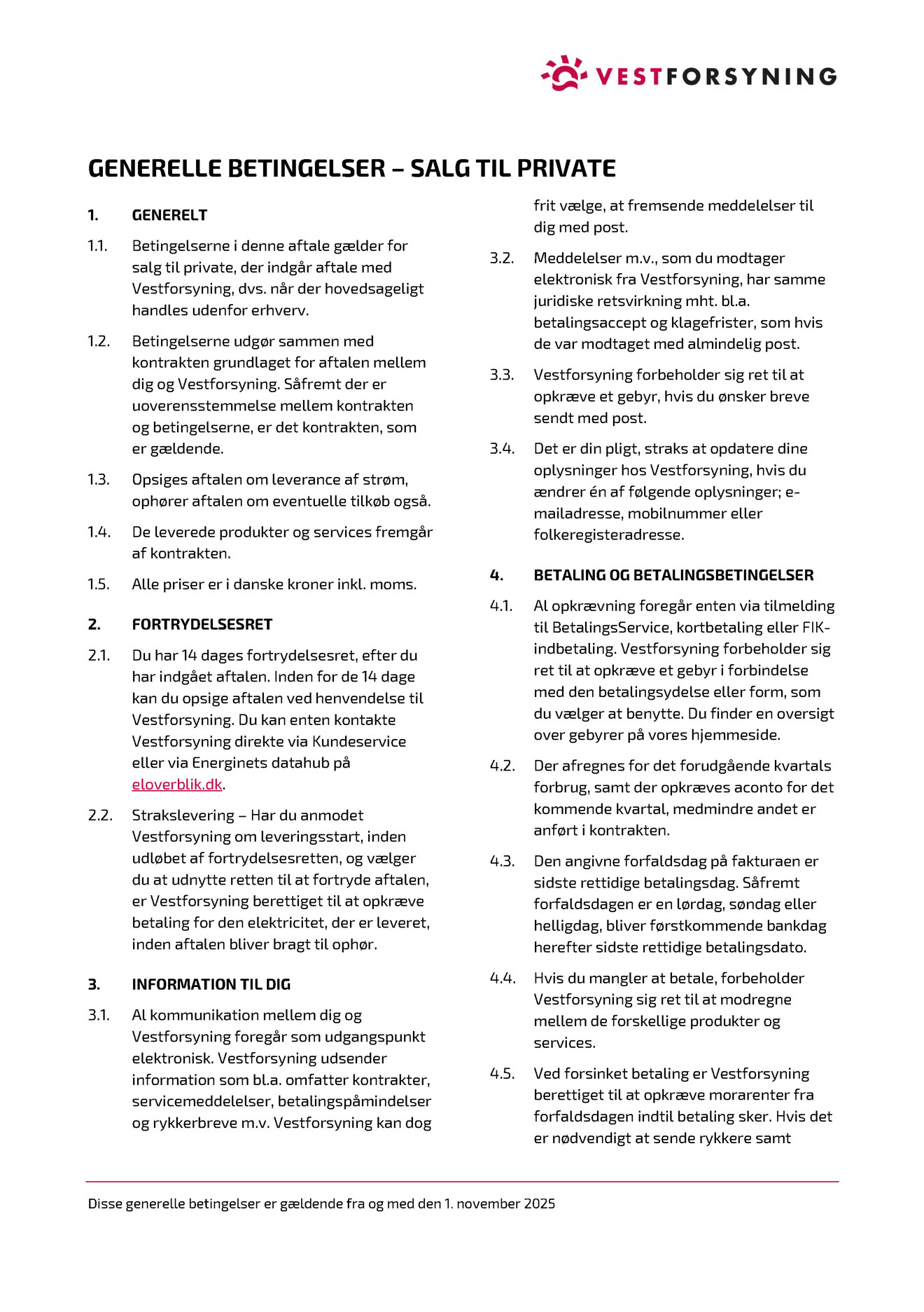 Generelle betingelser for salg af el til privatkunder