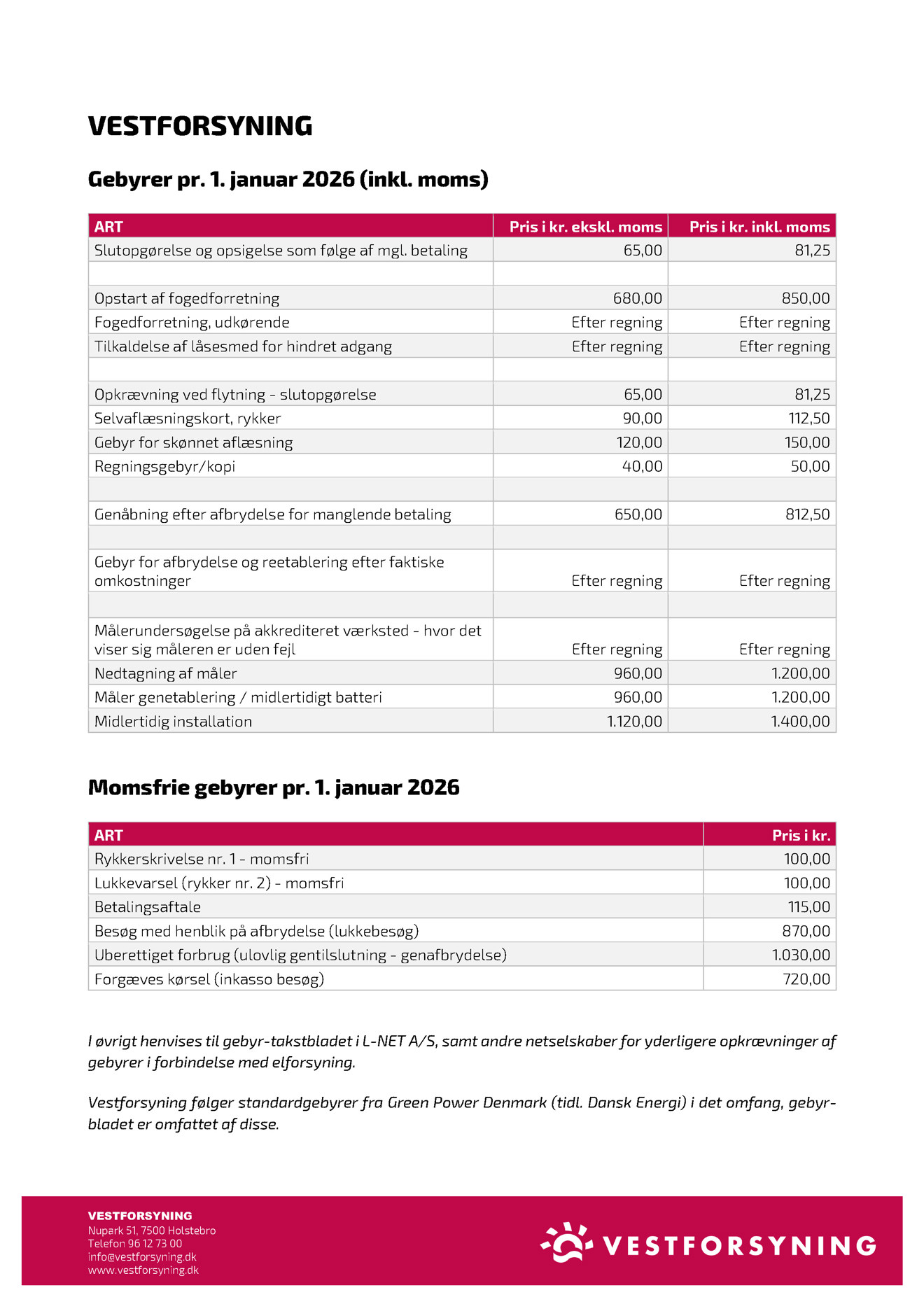 Gebyrtakstblad for 2026